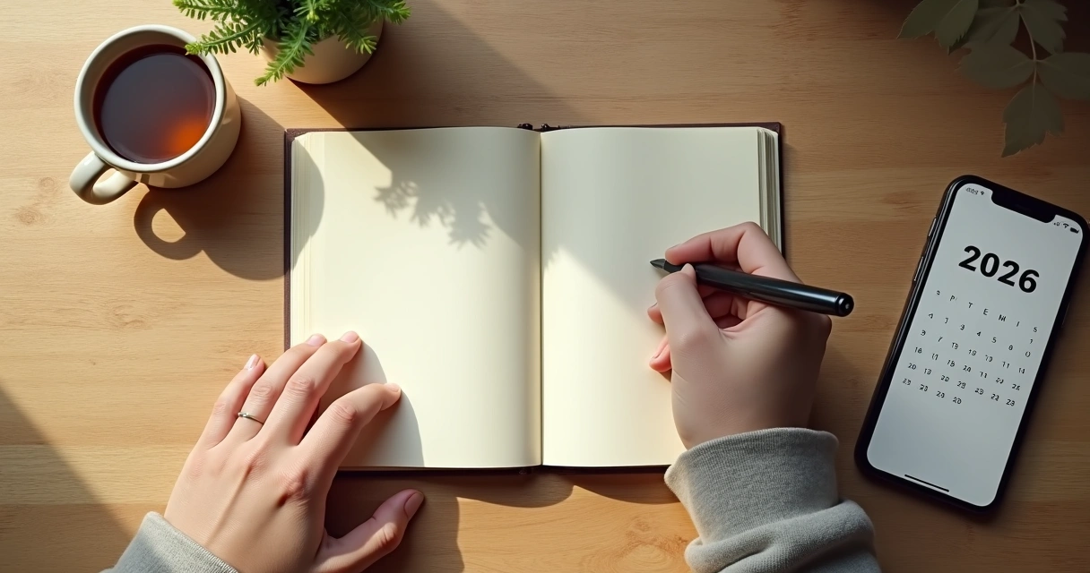 Pessoa escrevendo em diário sobre autopercepção em mesa organizada 