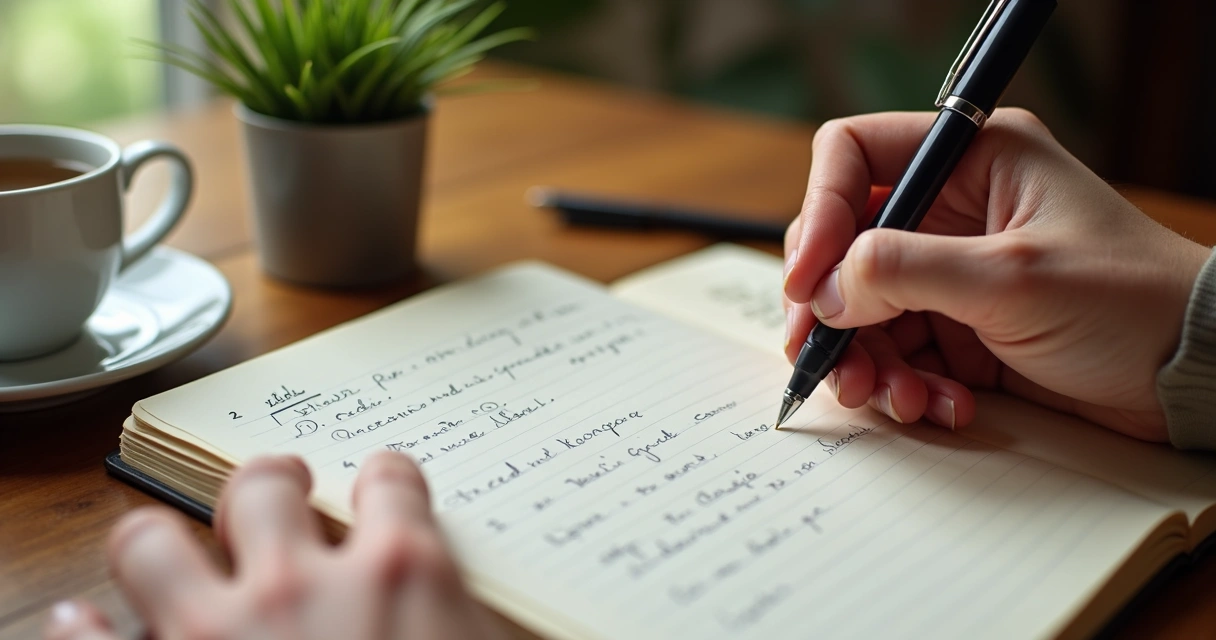 Mãos escrevendo em diário em cima de mesa de madeira com caneta e xícara