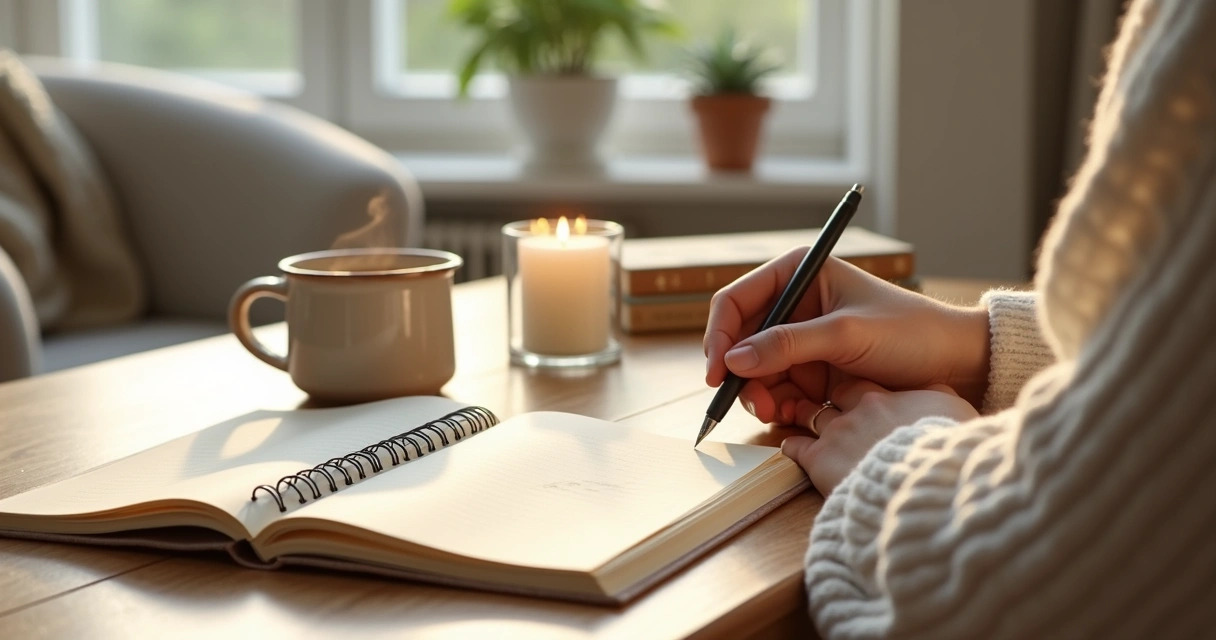 Pessoa escrevendo em diário de autopercepção ao lado de xícara de chá em ambiente calmo 