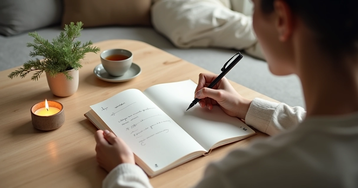 Pessoa escrevendo em diário de autopercepção ao lado de vela e planta em ambiente tranquilo 