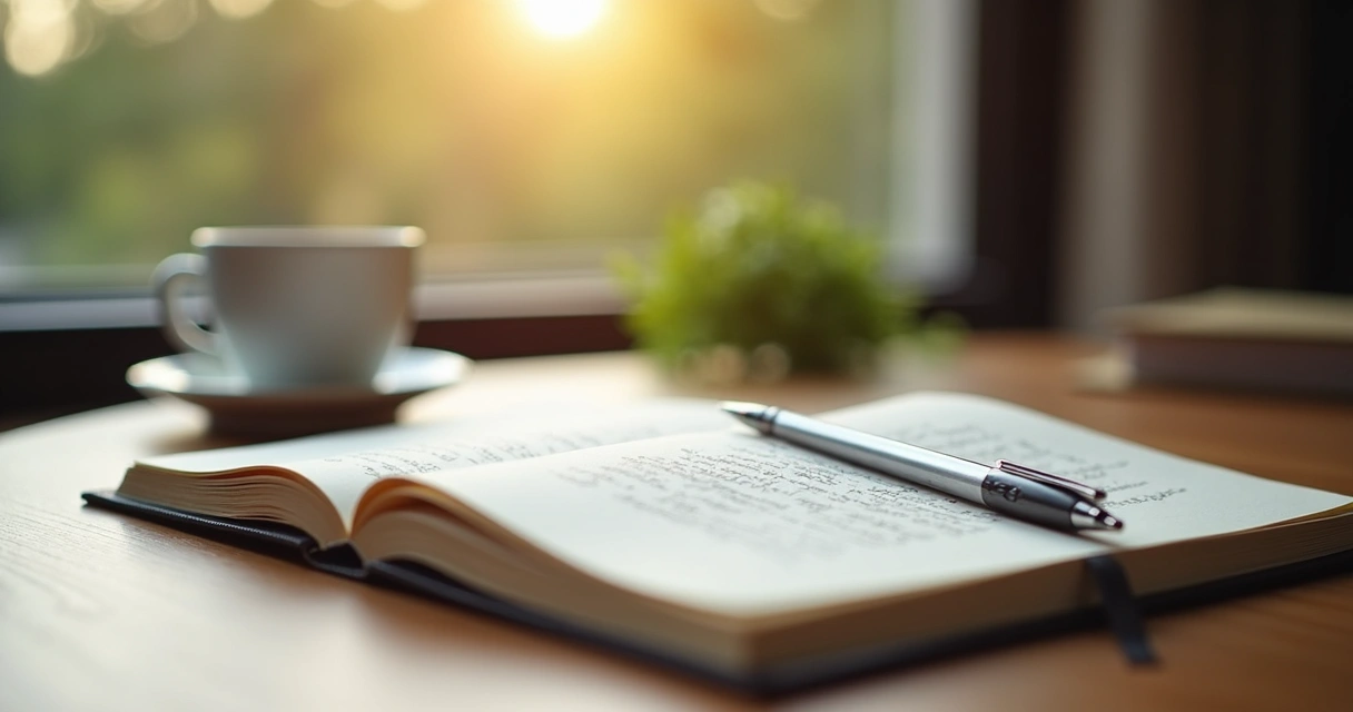 Caderno aberto com registro de anotações ao lado de uma caneta sobre mesa de madeira