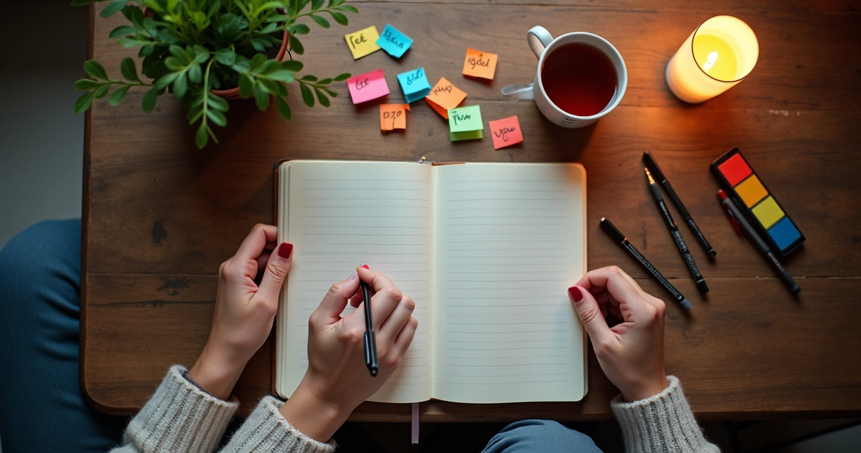 Mãos escrevendo em diário com anotações sobre emoções 