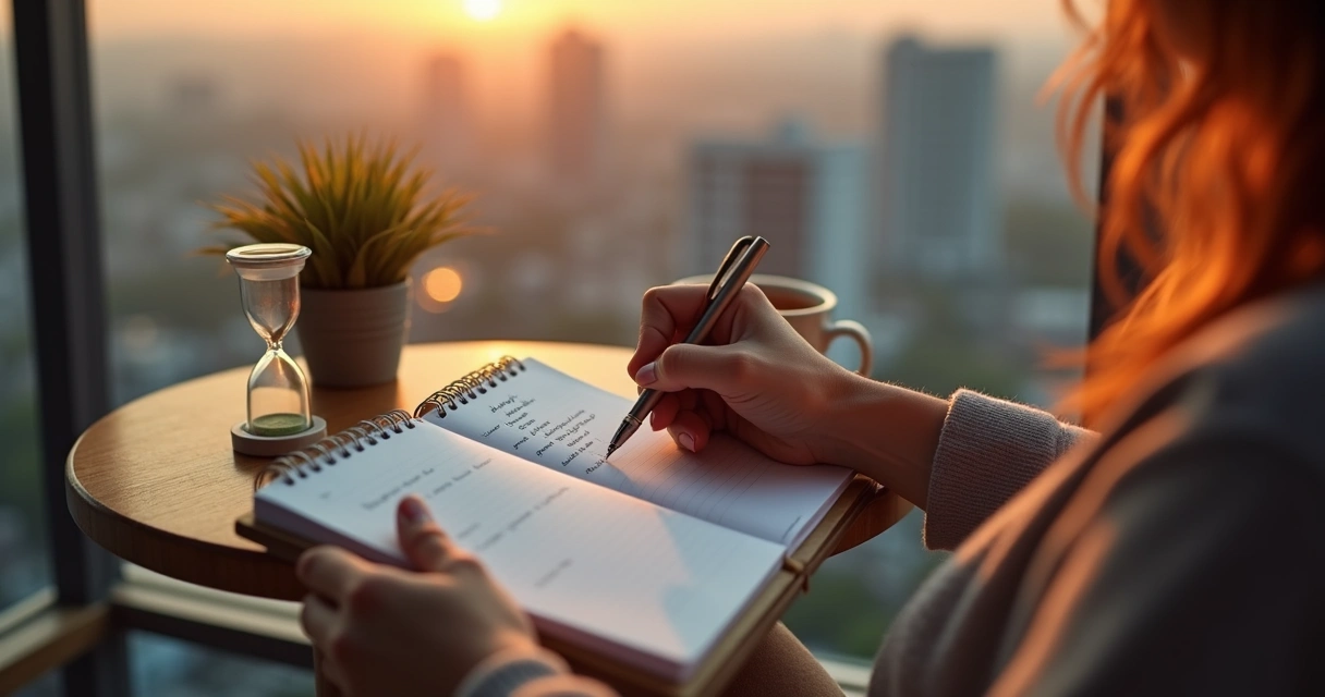Persona escribiendo en diario de autorreflexión junto a amanecer sobre la ciudad 