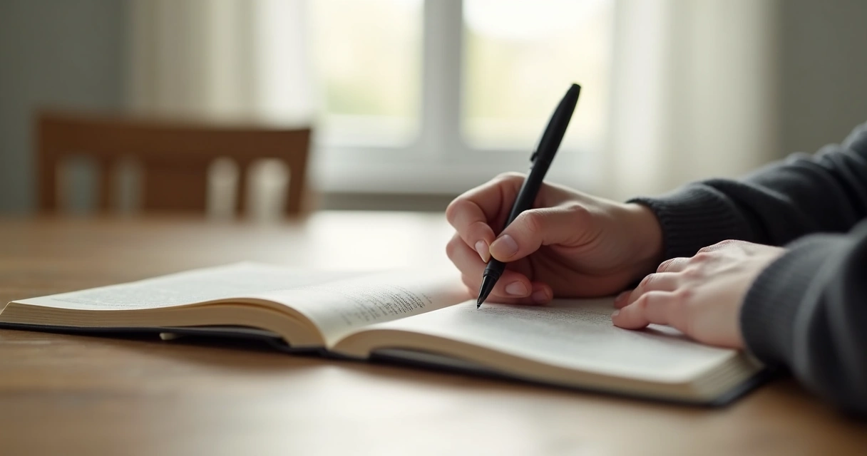 Mão escrevendo diário ao lado da Bíblia aberta e caneta sobre mesa simples 