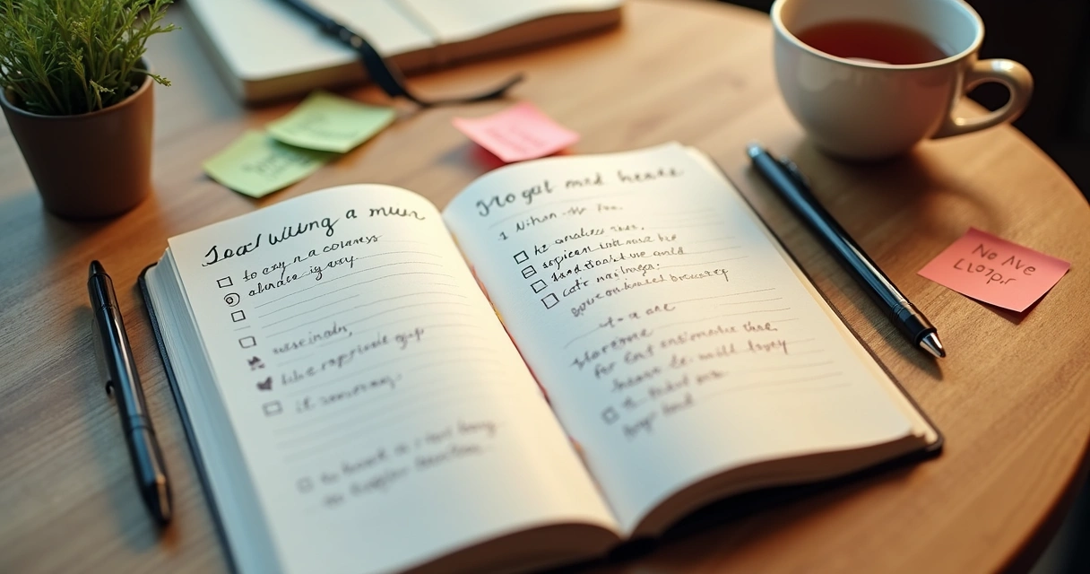 Caderno aberto com anotações de pequenas conquistas 