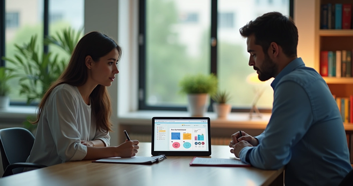 Paciente e psicólogo fazendo anotações em diário compartilhado no tablet durante sessão 