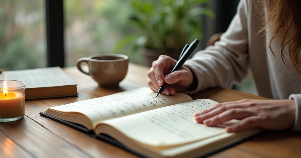 Persona escribiendo en un diario de conciencia junto a una vela encendida 