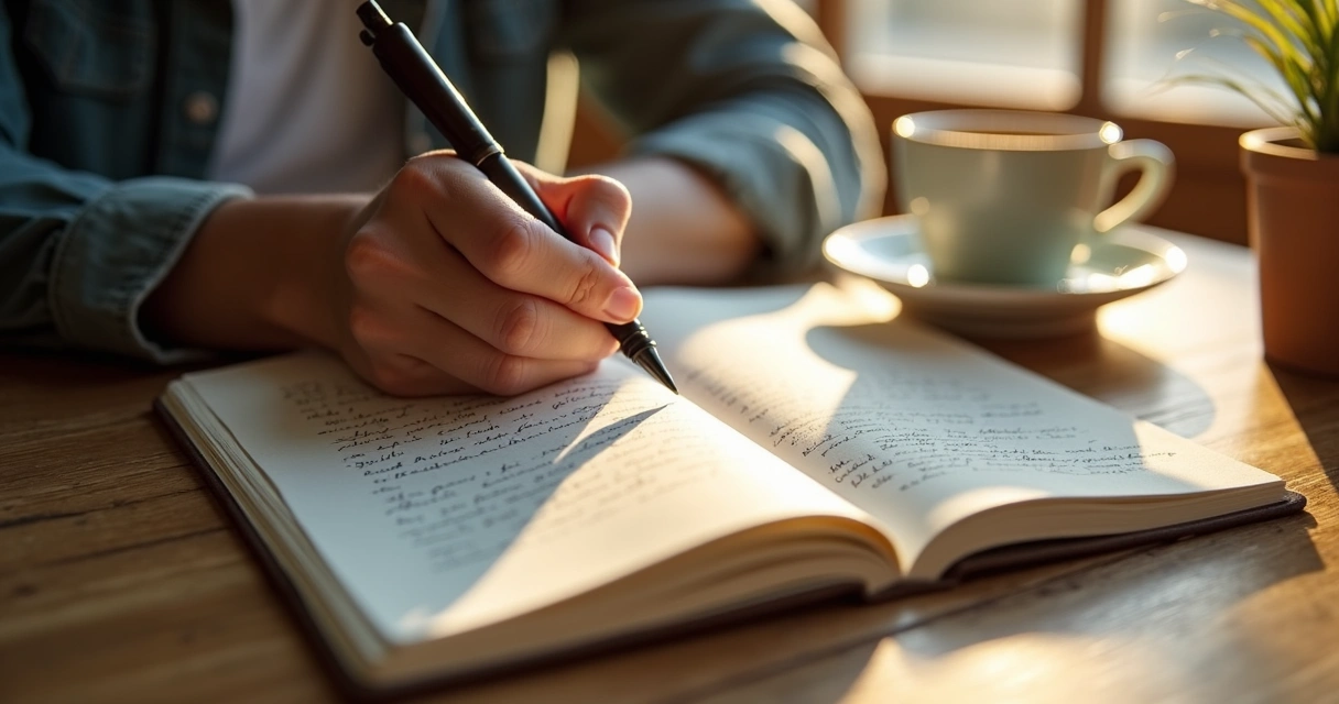 Mano escribiendo en un cuaderno sobre una mesa, taza de café al lado