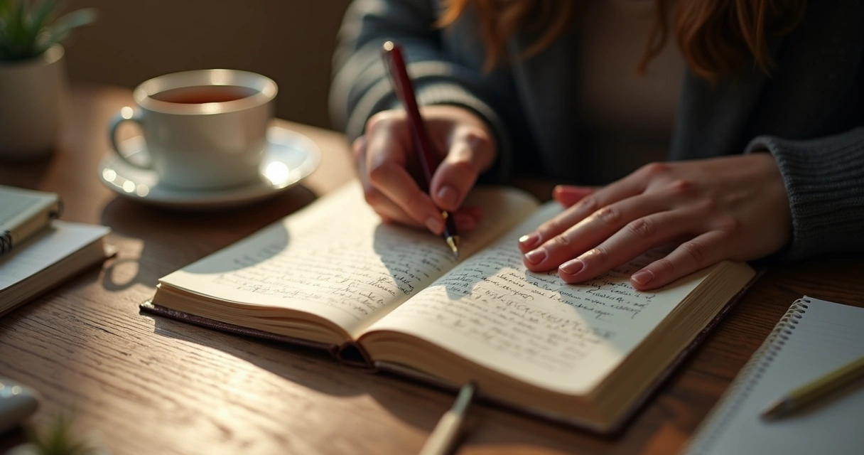 Página de diário com anotações sobre sentimentos em um ambiente tranquilo 