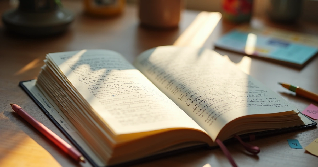 Página de diário aberta com escritas e desenhos simples 