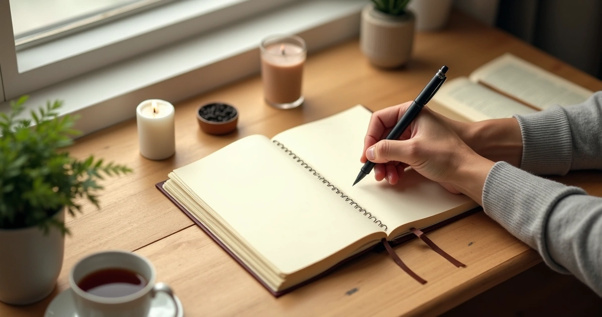 Pessoa escrevendo em diário à luz natural com xícara de chá e ambiente tranquilo 