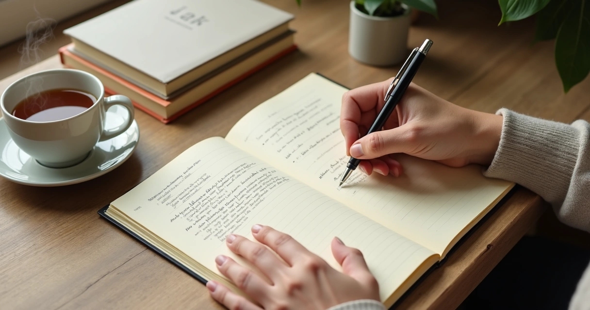 Pessoa escrevendo em diário aberto com caneta ao lado de xícara de chá 
