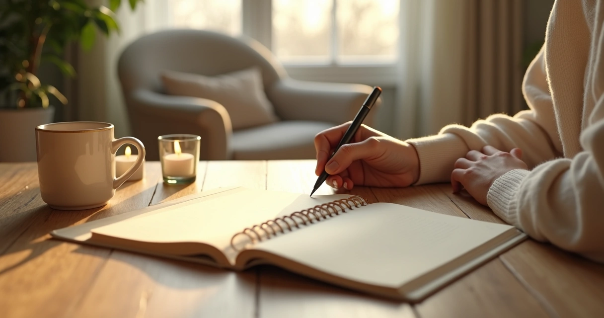 Persona escribiendo en un diario junto a una vela y una taza en un espacio tranquilo 