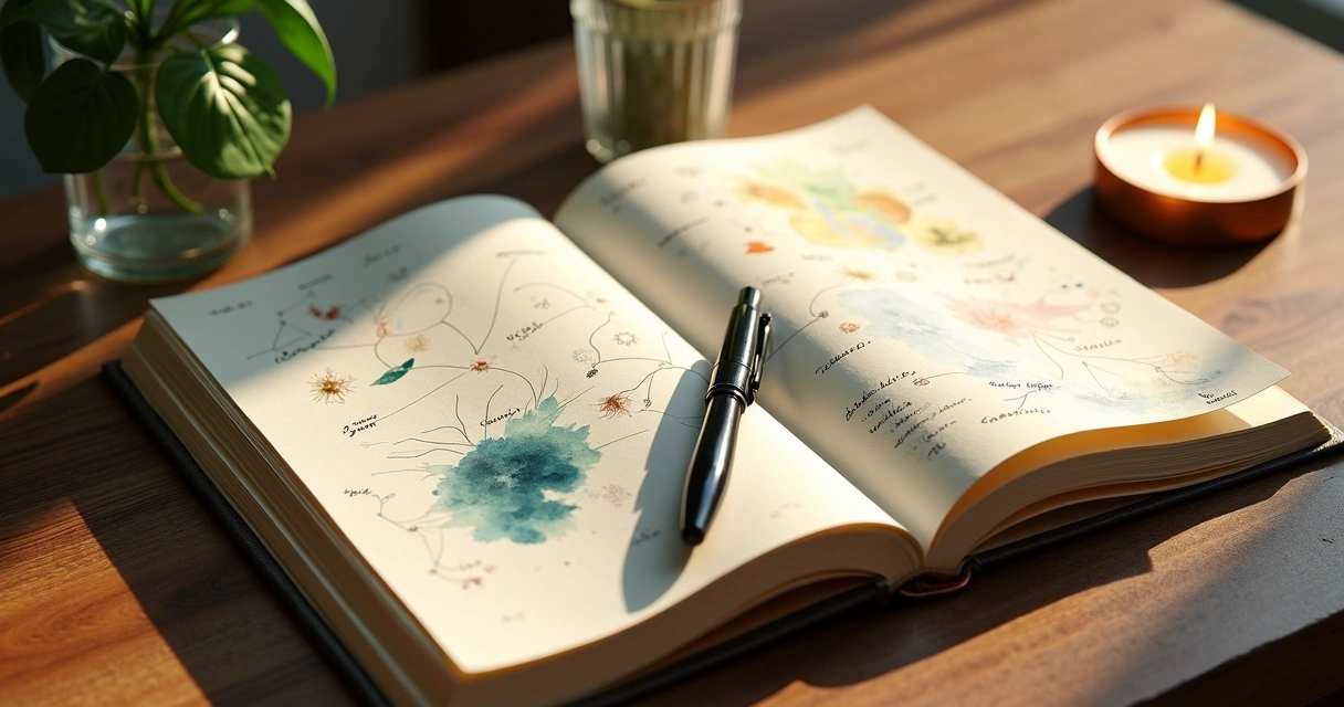Diario abierto con mapas internos de emociones y símbolos de consciencia. 