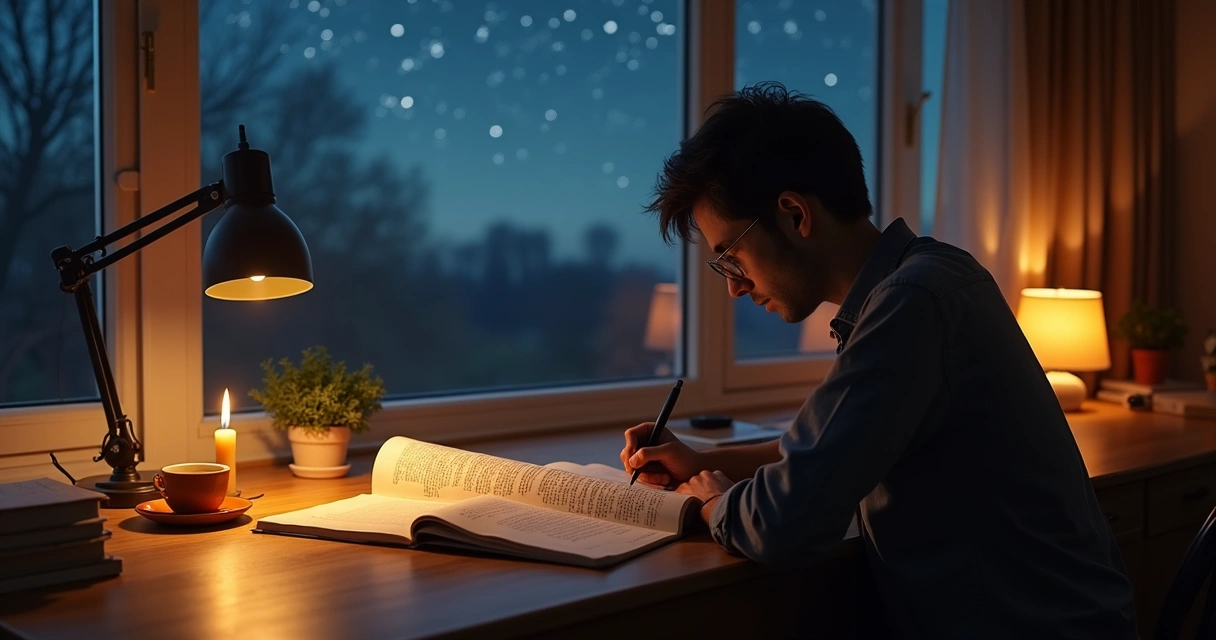 Pessoa escrevendo em diário de consciência diante de janela com céu estrelado 