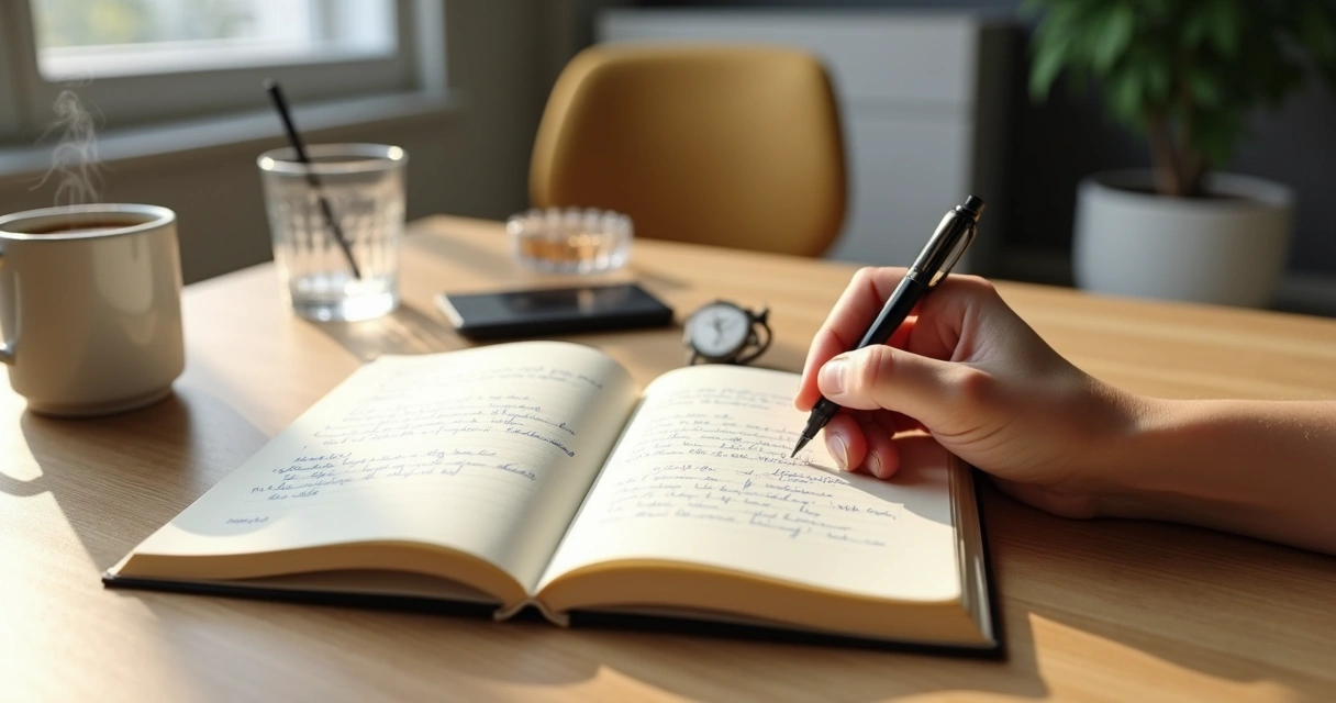 Pessoa escrevendo em diário de consciência sobre a rotina em mesa organizada com café 