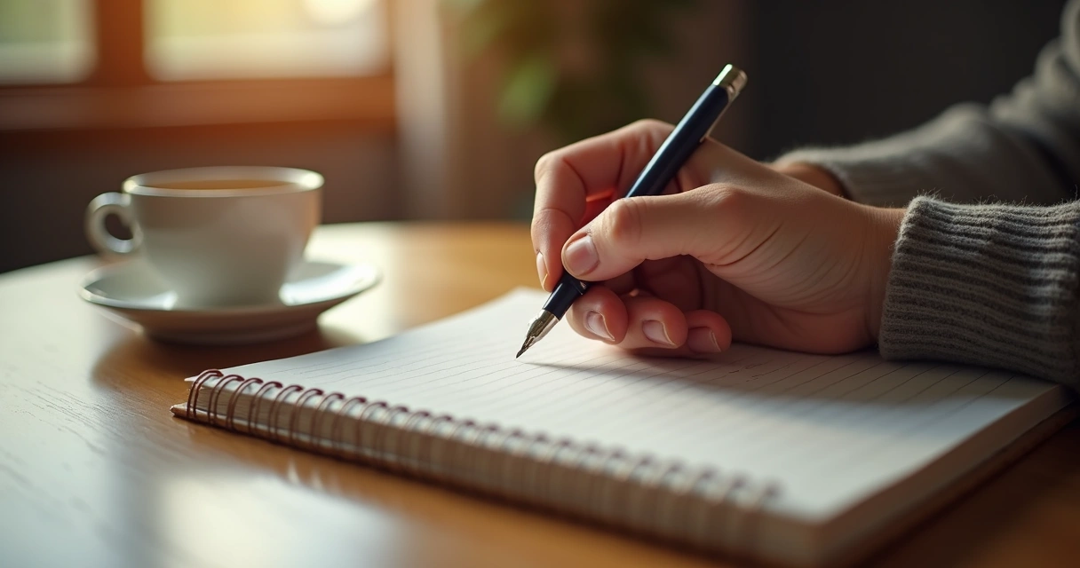 Mano escribiendo en un diario rodeado de una taza de té y luz suave 