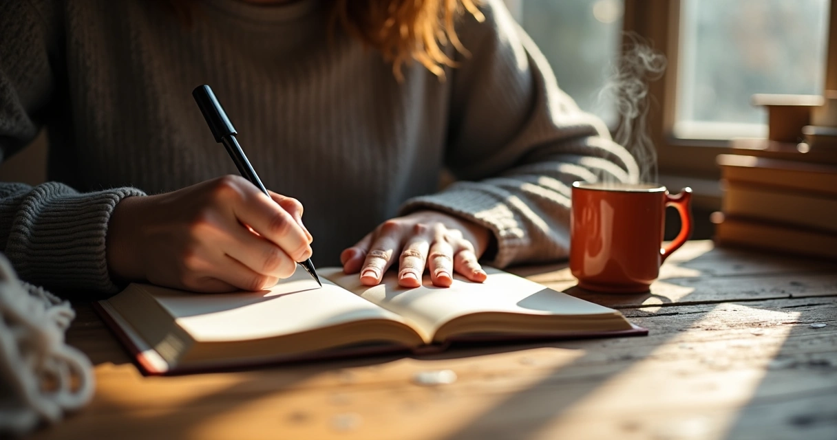 Pessoa escrevendo em diário enquanto toma chá no fim da tarde 