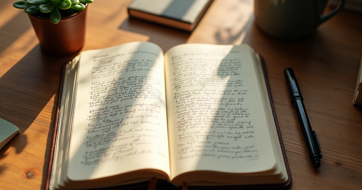 Diário aberto com anotações sobre autoconhecimento e uma caneta ao lado