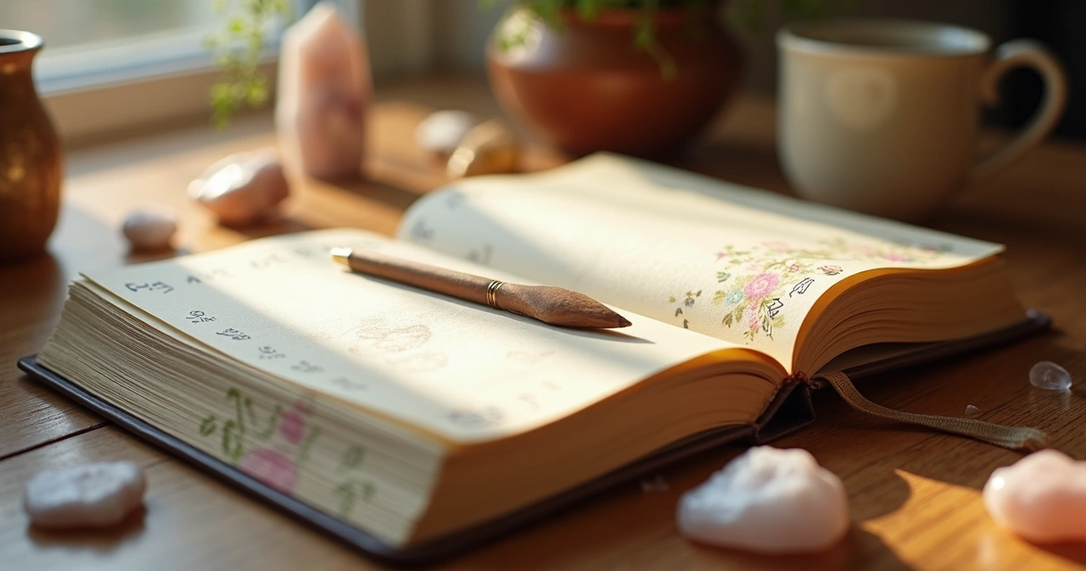 Caderno de capa florida ao lado de cristais 