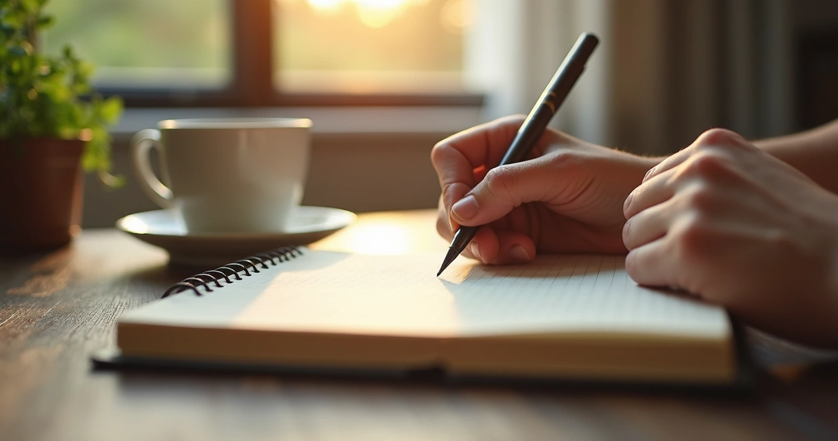 Pessoa escrevendo em diário de autocuidado 