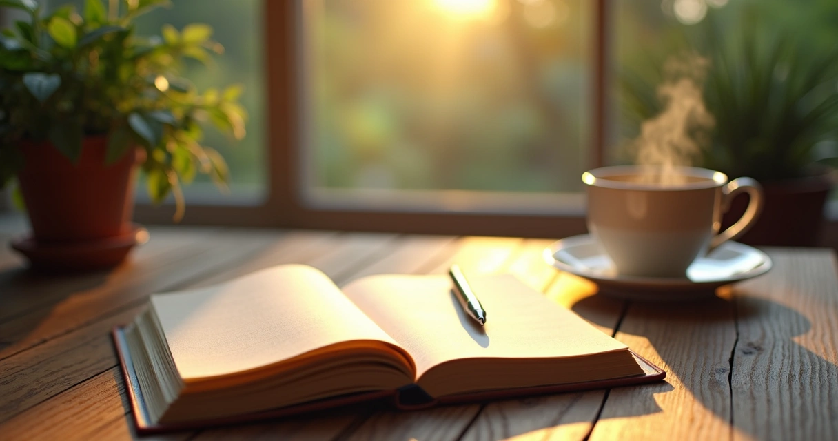 Caderno de gratidão aberto com caneta ao lado e uma xícara de chá 