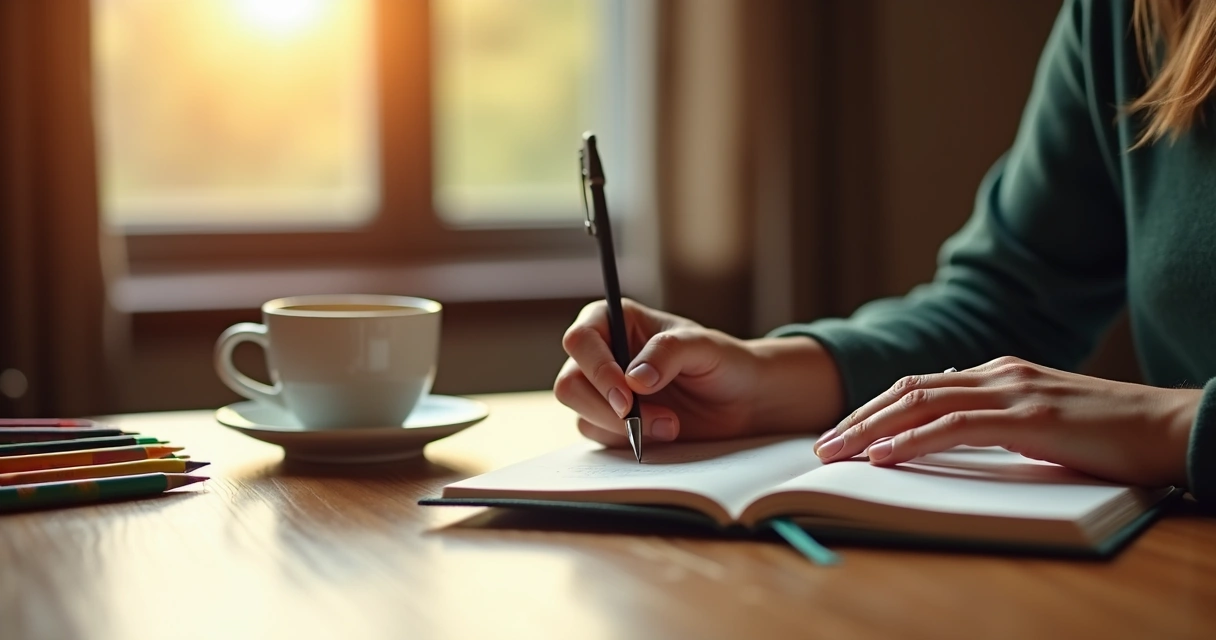 Pessoa escrevendo em diário de autoconhecimento, mãos visíveis e ambiente acolhedor 