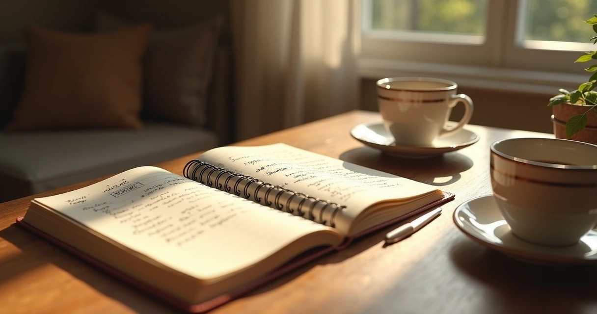 Diário de autoconsciência sobre uma mesa de madeira