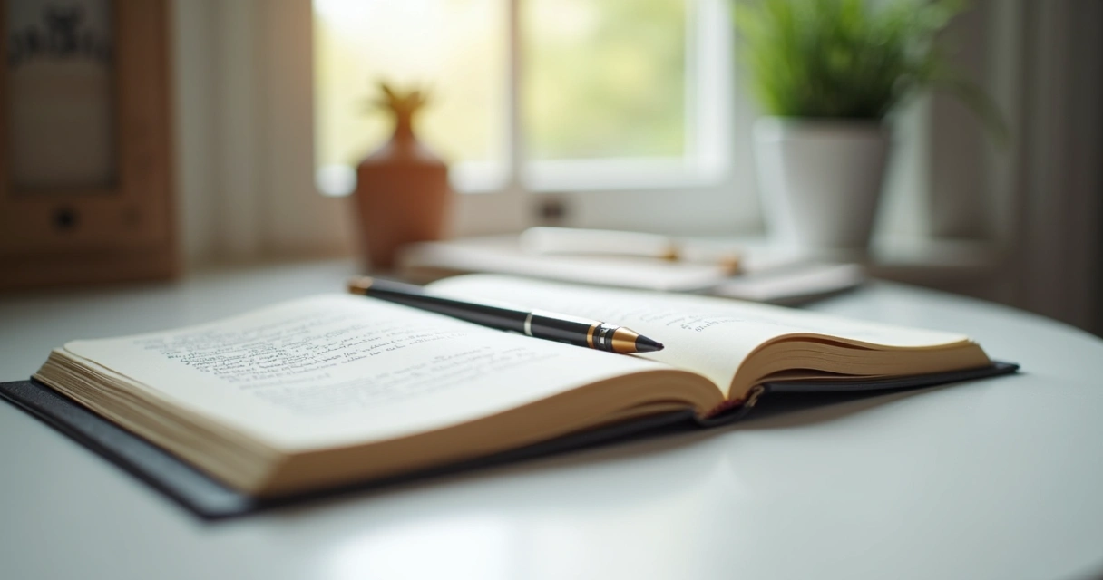 Cuaderno y bolígrafo para autoobservación sobre una mesa blanca 