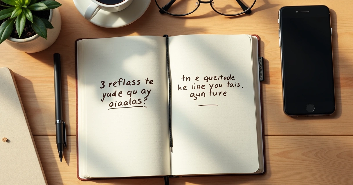 Cuaderno abierto con preguntas de reflexión y taza de café 