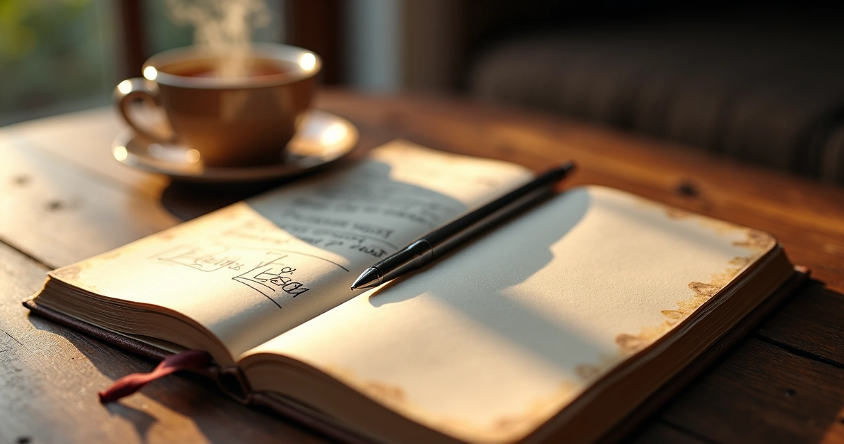 Diário aberto com anotações e uma xícara de chá ao lado 