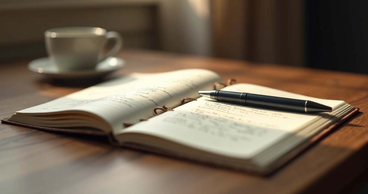 Caderno aberto com anotações à mão e caneta apoiada 