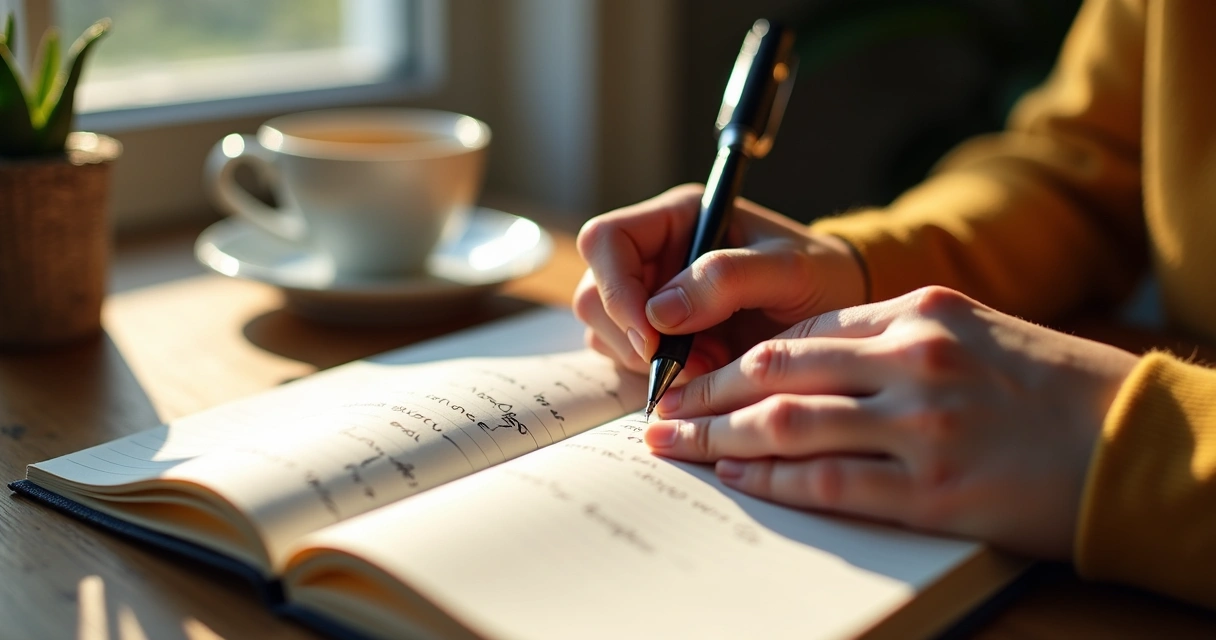 Manos escribiendo en diario sobre emociones 