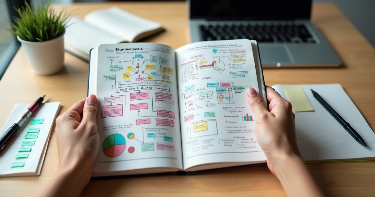Mãos de uma pessoa segurando um diário de estudos com gráficos e resumos coloridos.