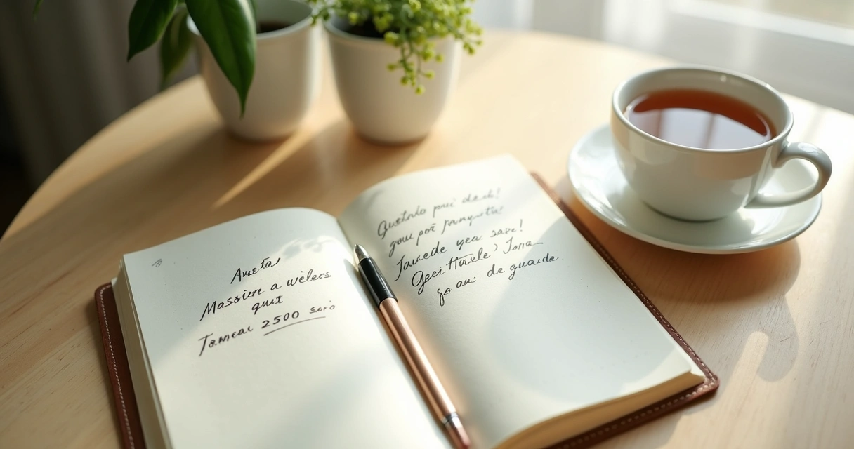 Cuaderno abierto con notas de gratitud sobre una mesa