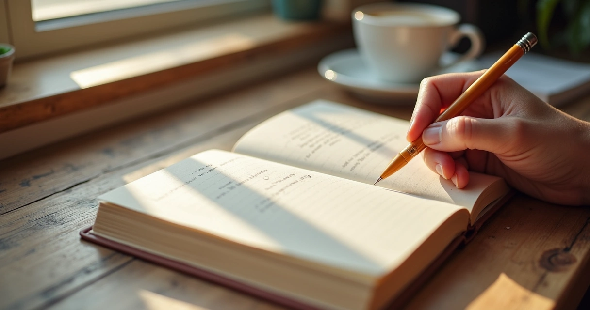 Diario de gratitud sobre escritorio con bolígrafo y taza 