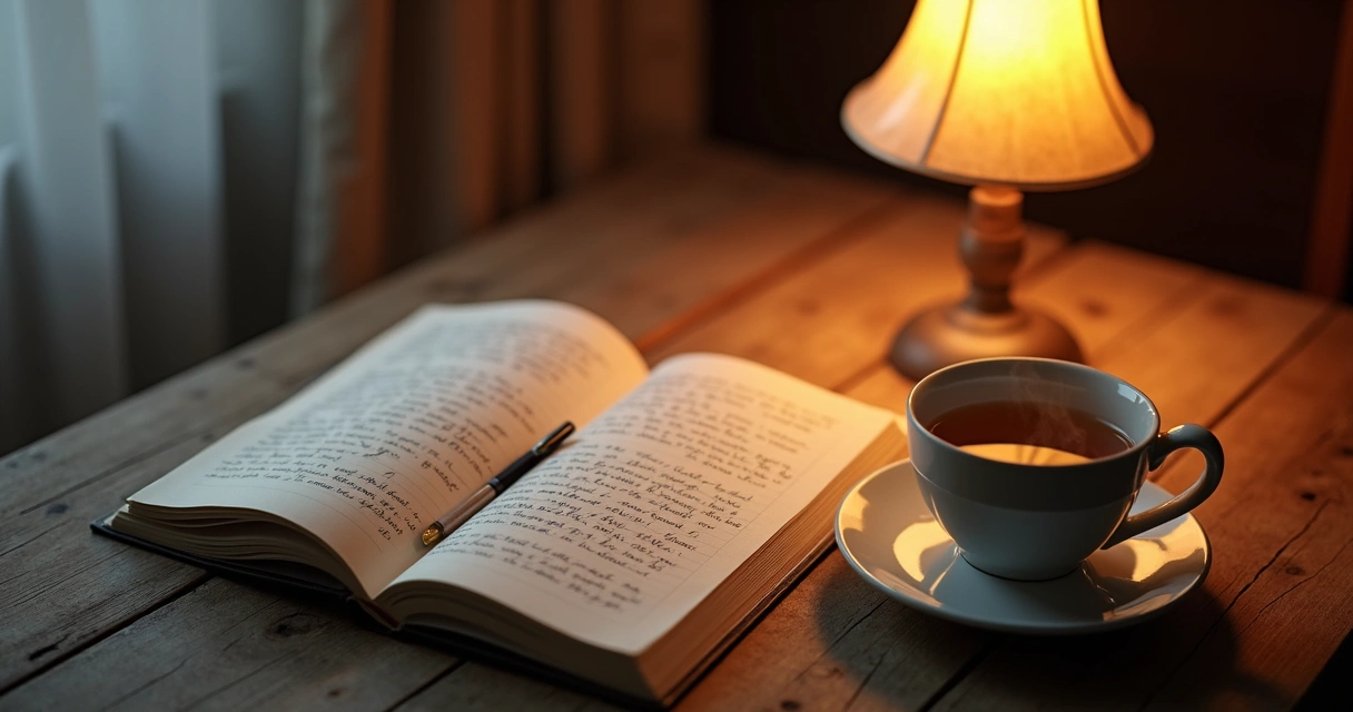 Caderno aberto com anotações de reflexão e uma xícara de chá ao lado 