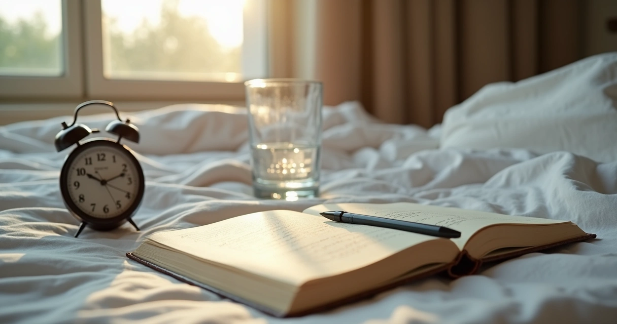 Caderno aberto com anotações de sonhos ao lado da cama 