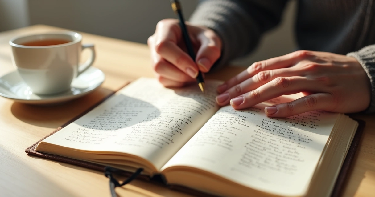 Mãos humanas escrevendo em um diário sobre sonhos, sobre uma mesa de madeira claro com uma xícara ao lado