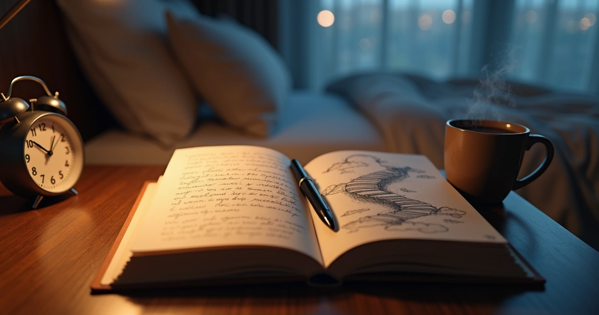 Diário de sonhos aberto sobre mesa noturna com desenhos oníricos e café fumegante ao lado 