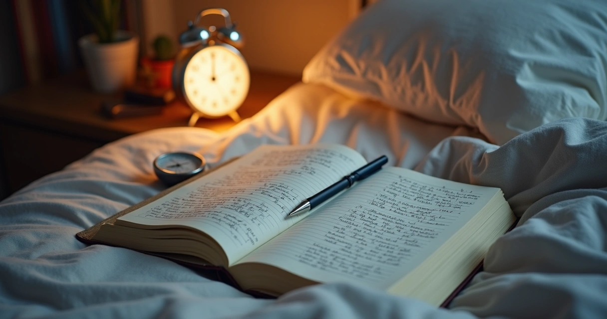 Caderno de sono ao lado de despertador e caneta 