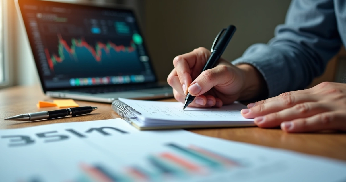Pessoa analisando diário de trading em um caderno, cercada de gráficos e computador 