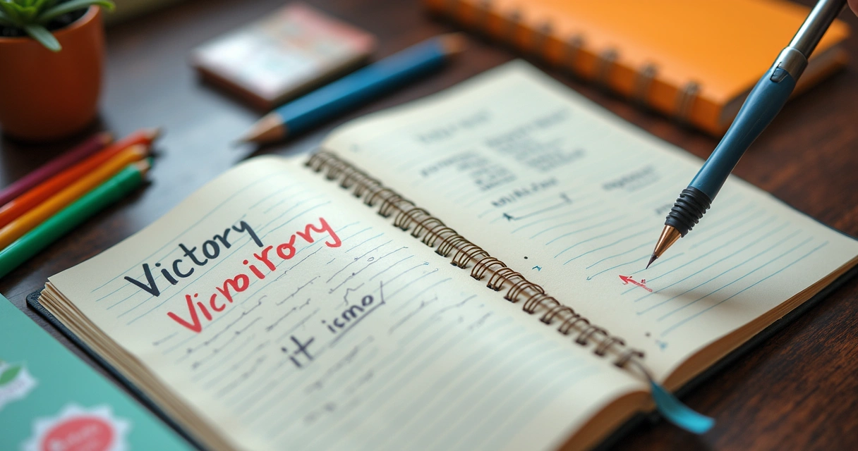 Diário de vitórias escrito à mão ao lado de canetas coloridas