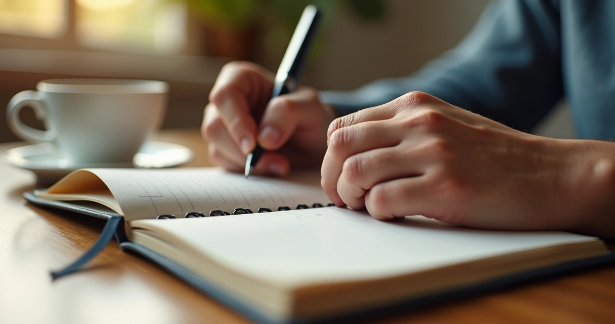 Pessoa escrevendo um diário de decisões sentado à mesa com caneta e caderno 
