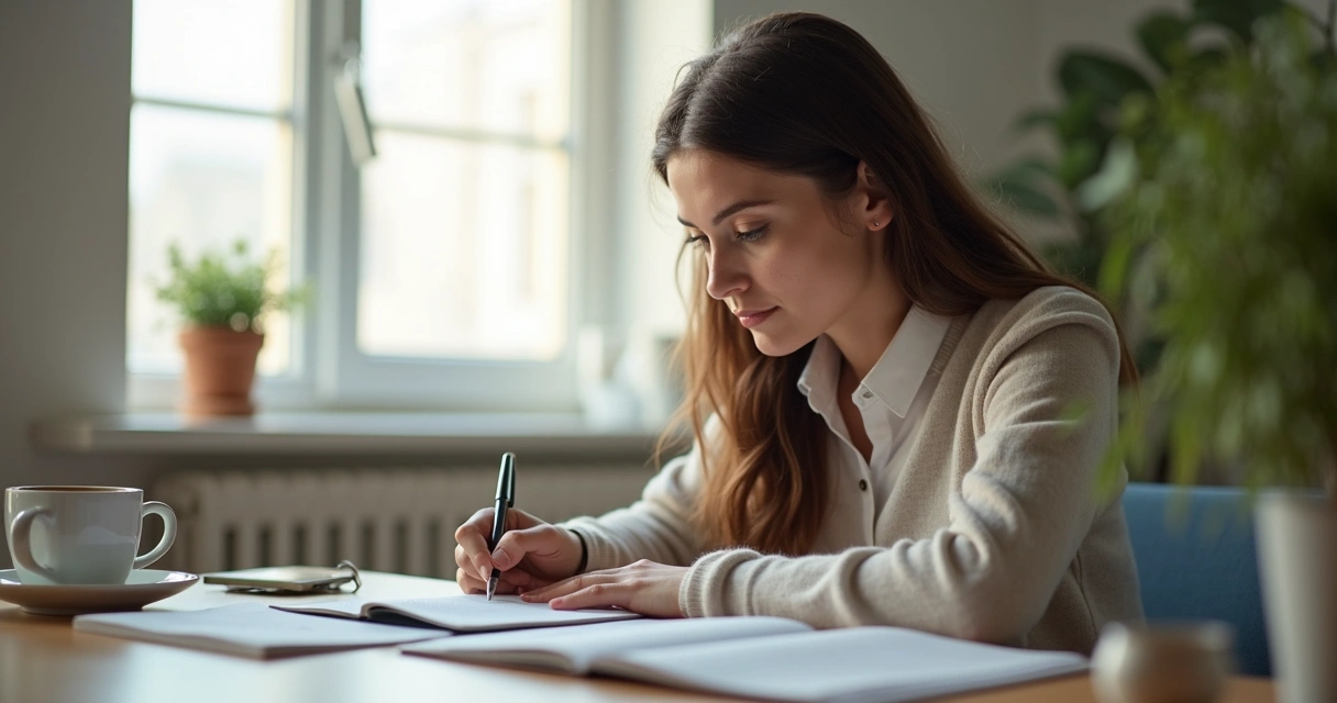 Pessoa escrevendo em um diário com expressão reflexiva 