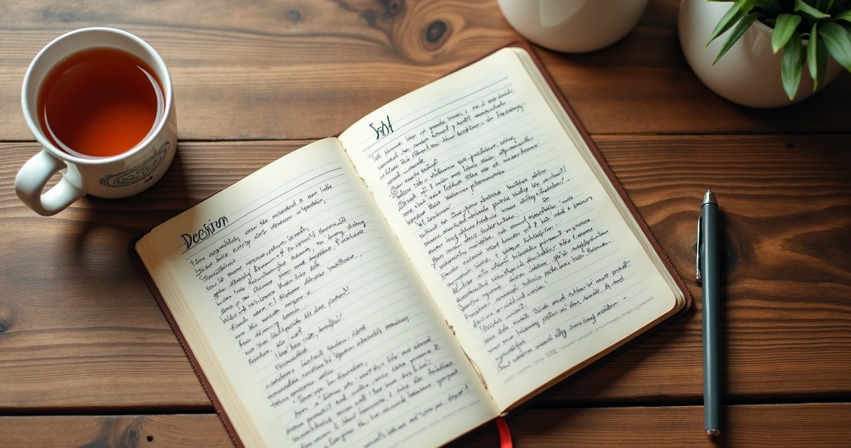 Página de diário manuscrita com anotações sobre pensamentos e emoções, caneca de chá ao lado 