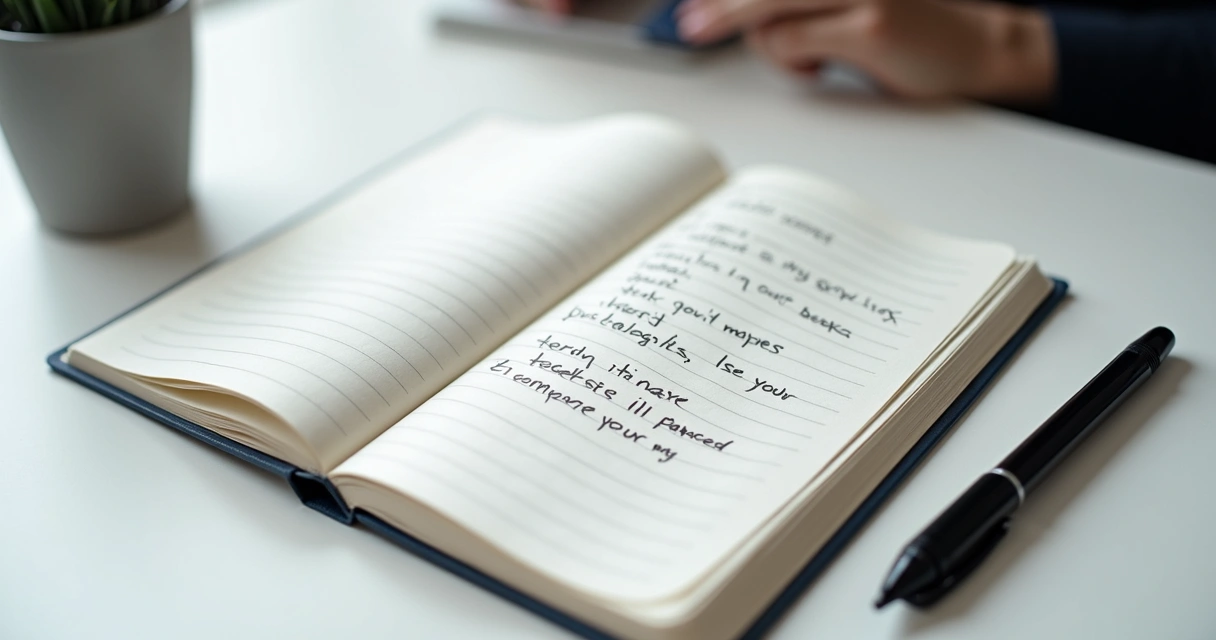 Página de caderno escrita à mão, com poucas frases, ao lado de uma caneta. 
