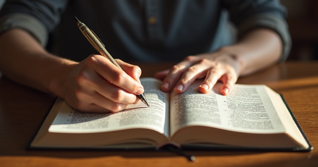 Mãos escrevendo em diário devocional 