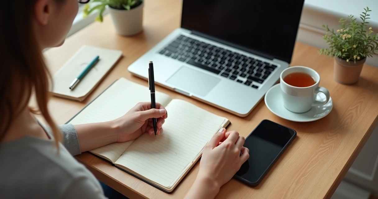 Persona escribiendo notas junto a portátil y teléfono 