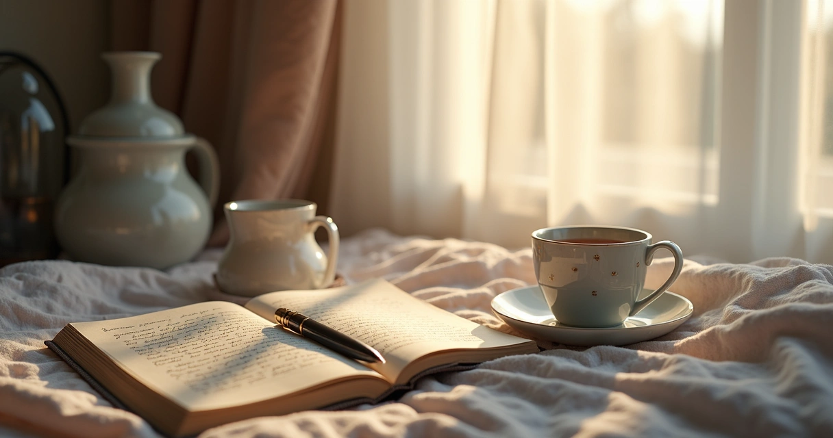 Mesa de cabeceira com diário aberto, caneta e xícara de chá ao lado 